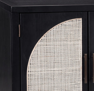 Bassett Mirror Boho Matte Black Oak with Natural Box Weave Cane Ashton 4-Door Server with 4 Shelves