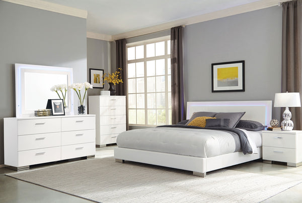 Coaster Felicity 5-Piece California King Bedroom Set with LED Headboard & Mirror White Gloss