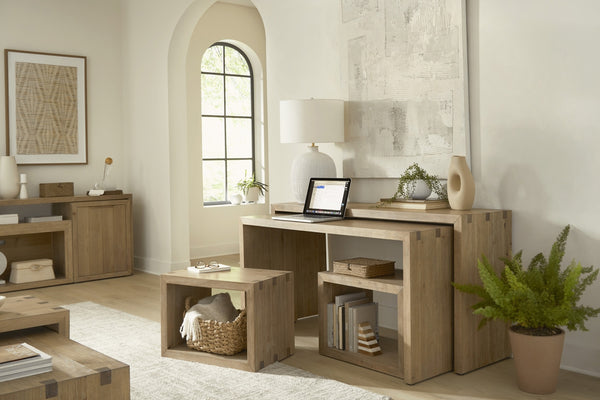 aspenhome lyndon nesting sofa table with stools in light cashmere