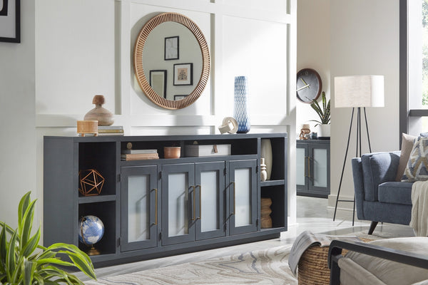 aspenhome perry 84" tv console with 4-doors in malta blue