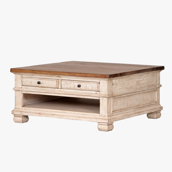 napa furniture belmont square coffee table in antique white/rich brown