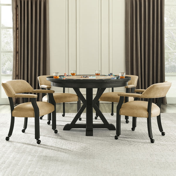 Steve Silver Rylie Dining Table With Game Top & 4 Captains Chairs In Black Finish With Sand Faux-Leather