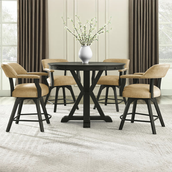 Steve Silver Rylie Counter-Height Table With Game Top & 4 Chairs In Black Finish With Sand Faux-Leather