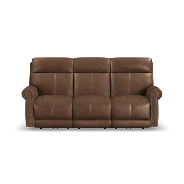 Flexsteel Zero Gravity Alexander Leather Power Reclining Sofa with Console, Power Headrest & Lumbar in Khaki