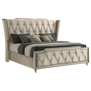 Coaster Lorient King LED Upholstered Bed Ivory & Camel