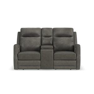 Flexsteel Maxwell Leather Power Reclining Loveseat with Console, Power Headrests and Lumbar in Cinder