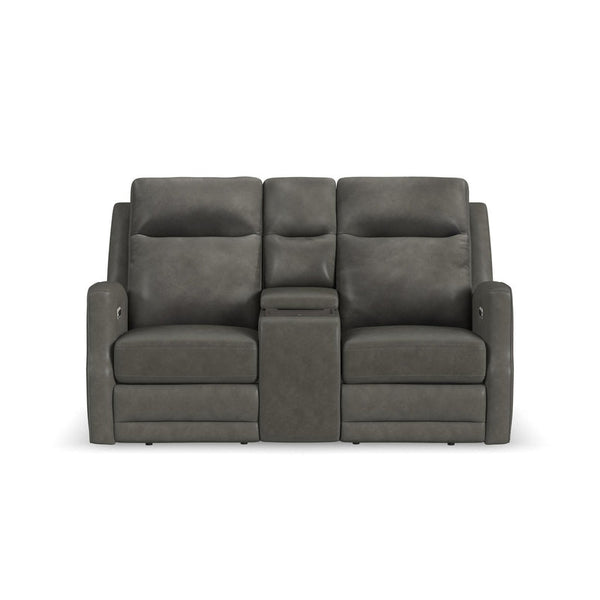 Flexsteel Maxwell Leather Power Reclining Loveseat with Console, Power Headrests and Lumbar in Cinder