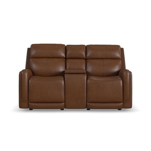 Flexsteel Alister Leather Power Gliding Loveseat with Console, Power Headrests & Lumbar in Sedona