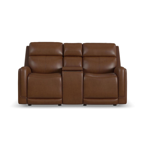 Flexsteel Alister Leather Power Gliding Loveseat with Console, Power Headrests & Lumbar in Sedona