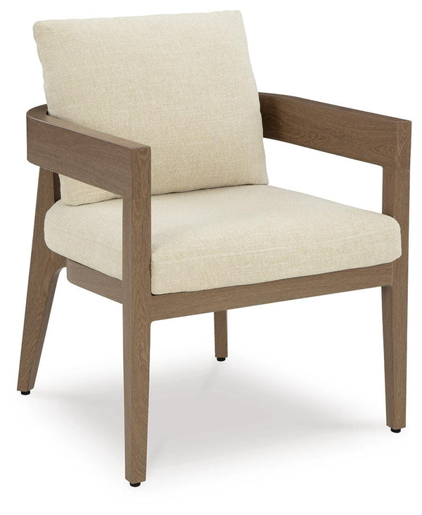 Serene Bay Outdoor Dining Arm Chair with Cushion Dark Brown/White