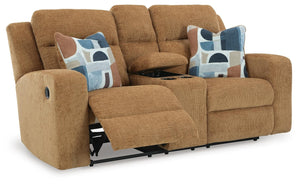 Kanlow Reclining Fabric Console Loveseat Honey