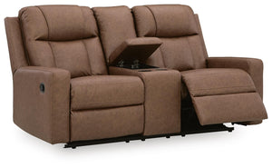 Mackmenville Manual Reclining Console Loveseat Caramel