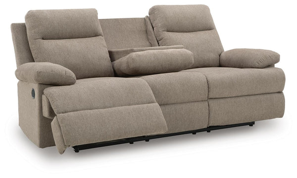 Side-Swipe Reclining Fabric Sofa with Drop Down Table Mocha