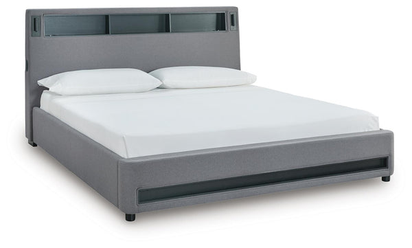 Verishaw King Upholstered Bed with Wireless Audio & USB Gray