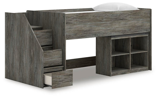 Frandern Twin Loft Bed with Bookcase Storage Gray