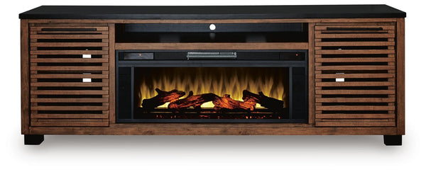 Kallari 84-Inch TV Stand with Electric Fireplace Warm Brown/Black