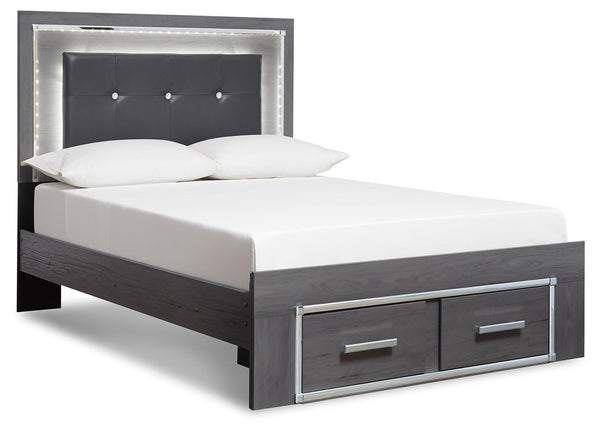 Lodanna King Upholstered Storage Bed, Dresser, Mirror, Chest, & Nightstand Gray