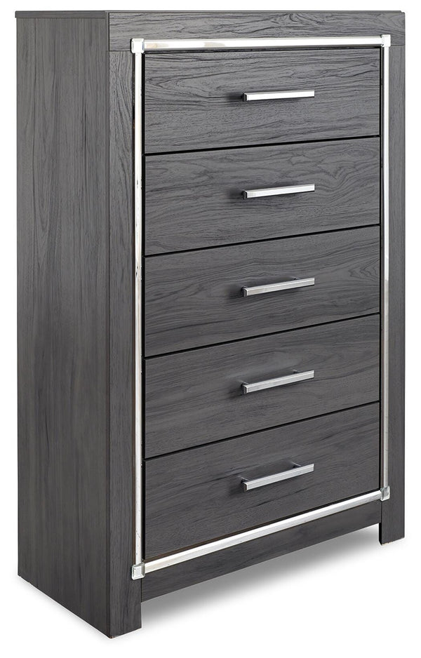 Lodanna King Upholstered Storage Bed, Dresser, Mirror, Chest & Nightstand Gray