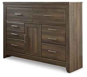Juararo King Poster Bed, Dresser, Mirror, Chest & Nightstand Dark Brown