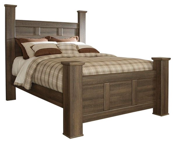 Juararo Queen Poster Bed, Dresser & Mirror Dark Brown