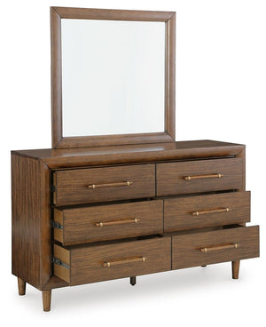 Lyncott California King Upholstered Bed, Dresser & Mirror Brown