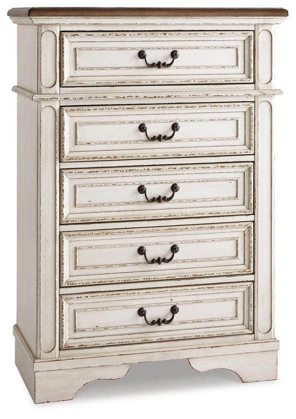 Realyn Queen Upholstered Panel Bed, Dresser, Mirror, Chest & Nightstand Two-tone
