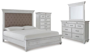 Kanwyn King Upholstered Panel Bed, Dresser, Mirror & Chest Whitewash