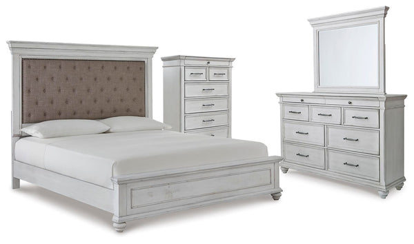 Kanwyn King Upholstered Panel Bed, Dresser, Mirror & Chest Whitewash