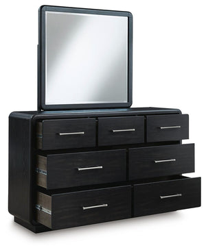 Rowanbeck King Upholstered Panel Bed, Dresser & Mirror Black