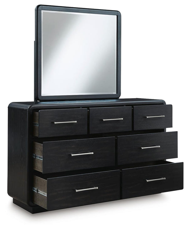 Rowanbeck King Upholstered Panel Bed, Dresser & Mirror Black