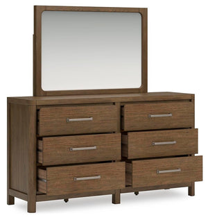 Cabalynn Queen Upholstered Bed, Dresser & Mirror Light Brown