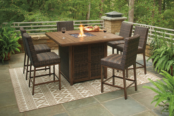 Paradise Trail Outdoor Bar Fire Pit Table with 6 Barstools Medium Brown
