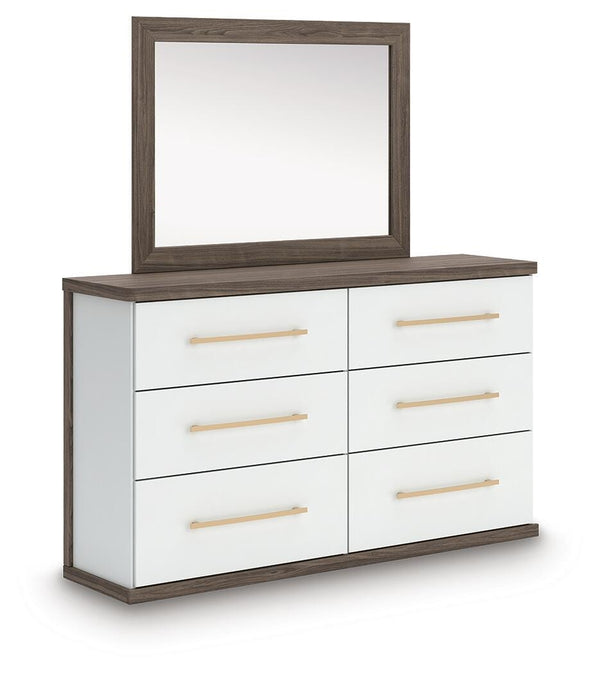 Kendanport Queen Upholstered Bed, Dresser, Mirror & Nightstand White/Brown
