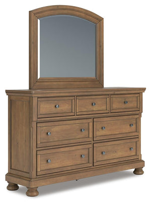 Feddinger Queen Sleigh Bed, Dresser, Mirror, Chest & Nightstand Medium Brown