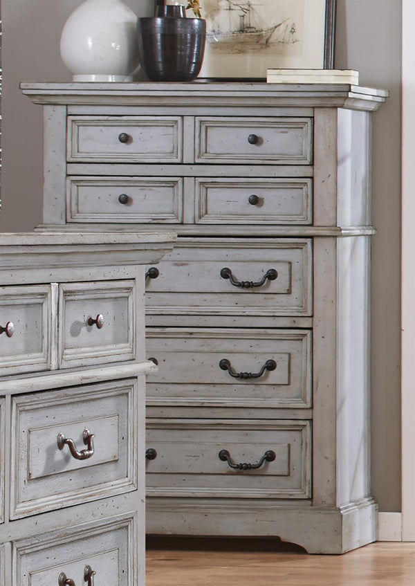 American Woodcrafters Complete Queen Bedroom Set Panel Bed, Dresser, Mirror, Chest & Nightstand Light Distressed Antique Gray Stonebrook