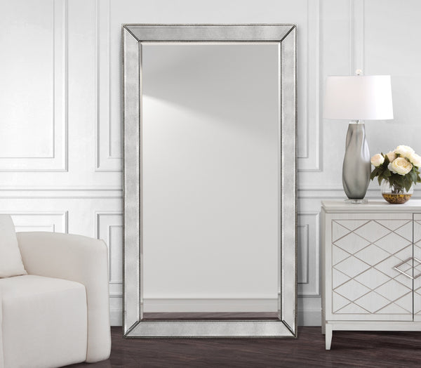 Bassett Mirror Glam Antique Mirror/Silver Beaded Rectangular Beveled Floor Mirror