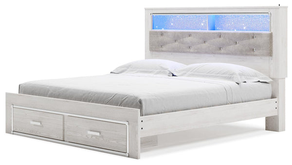 Altyra King Upholstered Bookcase Bed with 2-Drawer Storage White