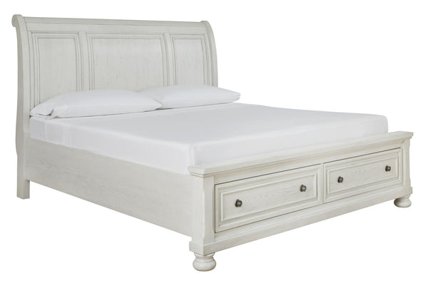 Robbinsdale Queen Sleigh Bed with 2-Drawers of Storage Antique White