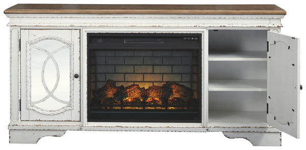 Realyn Pastoral Charm 74-Inch TV Stand with Electric Fireplace Chipped White