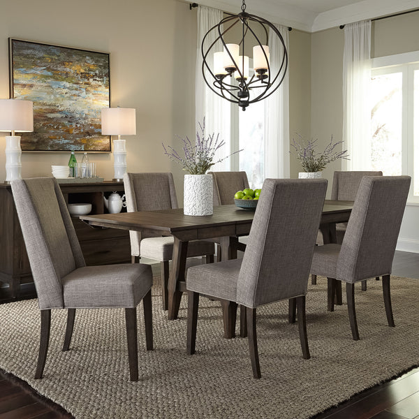 Liberty Furniture 7-Piece Dark Chestnut Trestle Dining Table Set with Upholstered Side Chairs Double Bridge