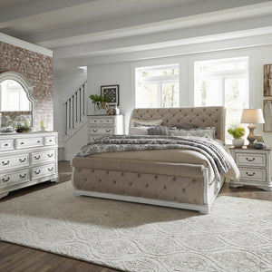 Liberty Furniture Complete Queen Bedroom Set Upholstered Sleigh Bed, Dresser, Mirror, Chest & Nightstand Magnolia Manor