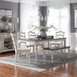 Liberty Furniture 6-Piece Antique White Weathered Bark Leg Dining Table Set with Bench Magnolia Manor