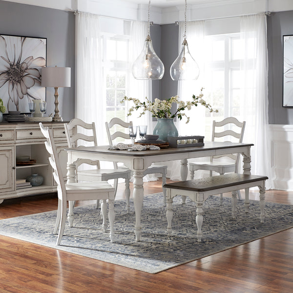 Liberty Furniture 6-Piece Antique White Weathered Bark Leg Dining Table Set with Bench Magnolia Manor
