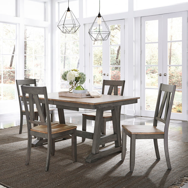 Liberty Furniture 5-Piece Gray & Sandstone Trestle Dining Table Set Lindsey Farm