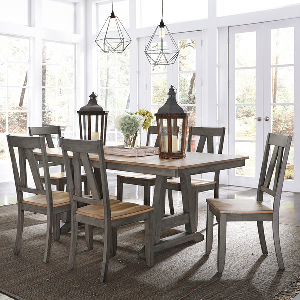 Liberty Furniture 7-Piece Gray & Sandstone Trestle Dining Table Set Lindsey Farm