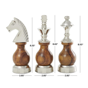 UMA Home Decor Aluminum Chess King, Knight, Bishop Sculpture Set with Wood Bellies