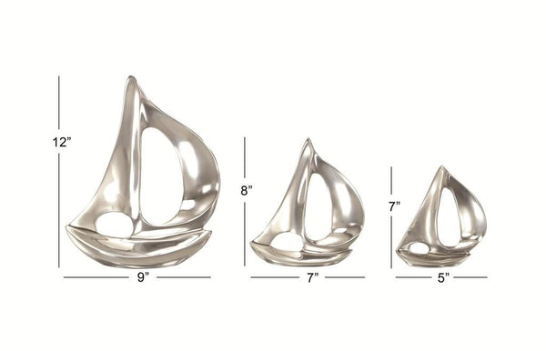 UMA Home Decor Set of 3 Silver Aluminum Sail Boat Sculptures