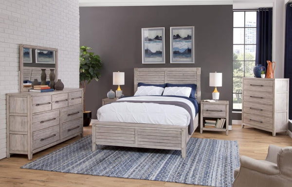 American Woodcrafters Aurora Whitewash 4-Piece Bedroom Set Queen Panel Bed with Storage Footboard Dresser Mirror & 1-Drawer Nightstand
