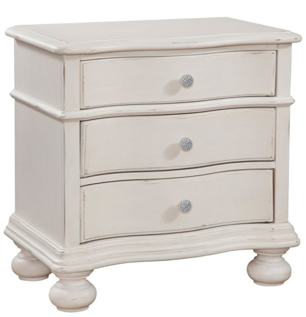 American Woodcrafters Rodanthe Dove White with Rub-Through 4-Piece Woven Bedroom Set Queen Bed Dresser Mirror & 3-Drawer Nightstand
