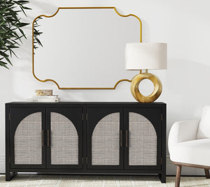 Bassett Mirror Boho Matte Black Oak with Natural Box Weave Cane Ashton 4-Door Server with 4 Shelves